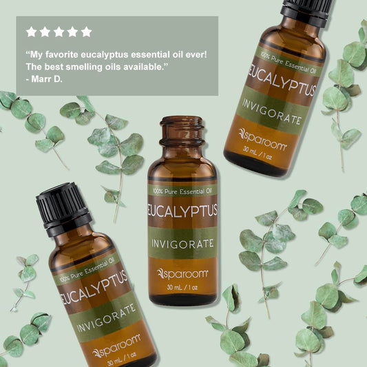 SpaRoom Eucalyptus essential oil label showing 100% pure and undiluted