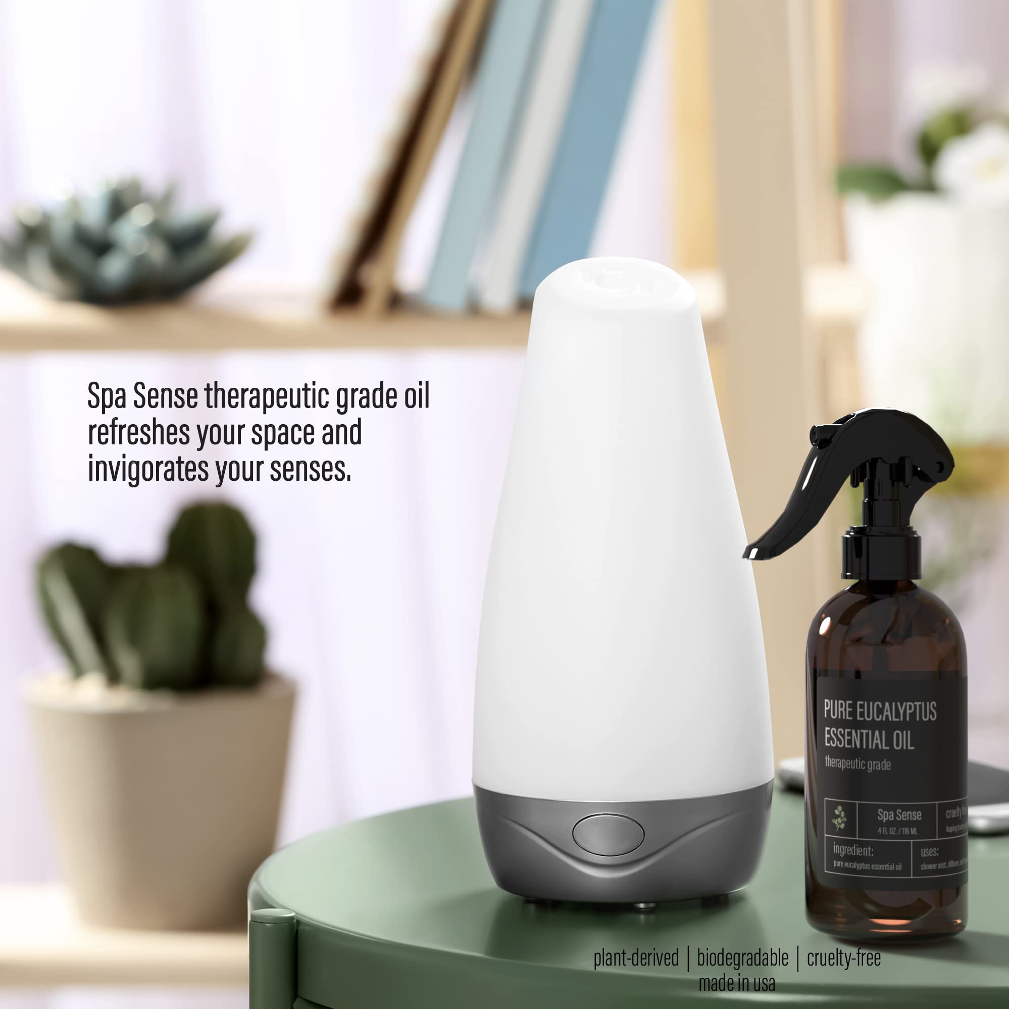 Spa Sense eucalyptus spray near diffuser and towels