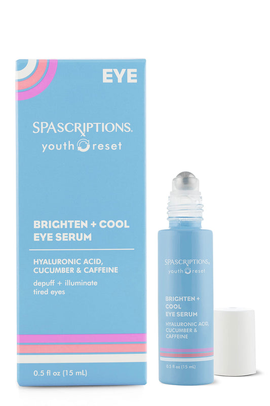 SpaScriptions Brighten and Cool Eye Serum close-up showing hyaluronic acid hydration.