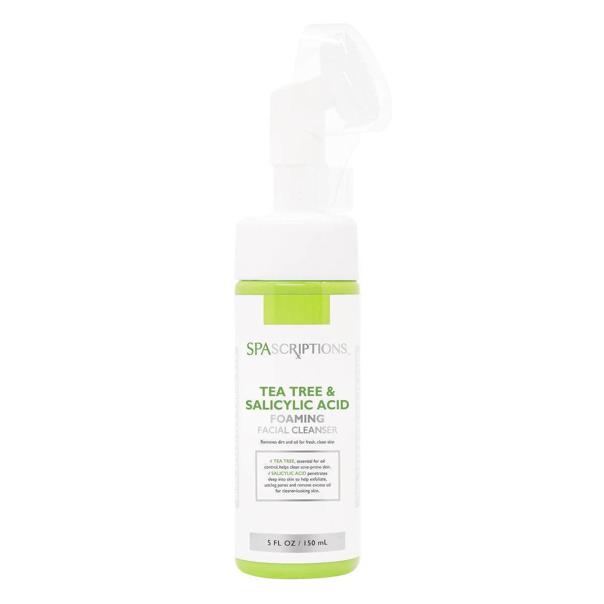 SpaScriptions Tea Tree & Salicylic Acid Foaming Cleanser bottle on a bathroom shelf for oil balance.