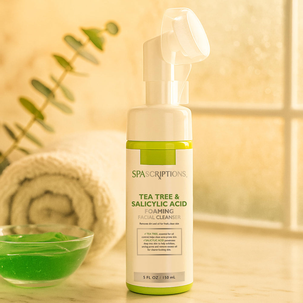 SpaScriptions foaming cleanser pours into a palm to create a rich deep-clean lather.