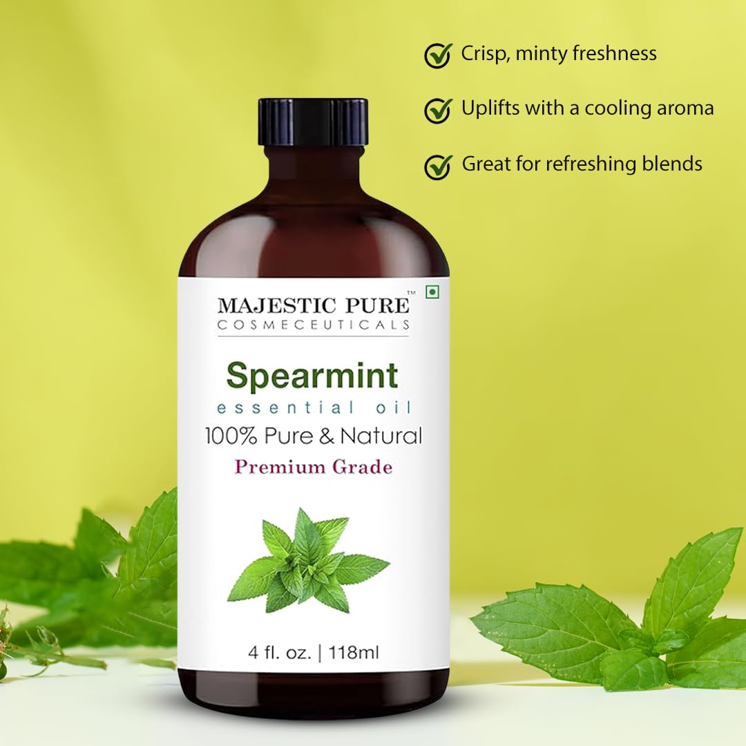 Amber glass dropper bottle of spearmint essential oil