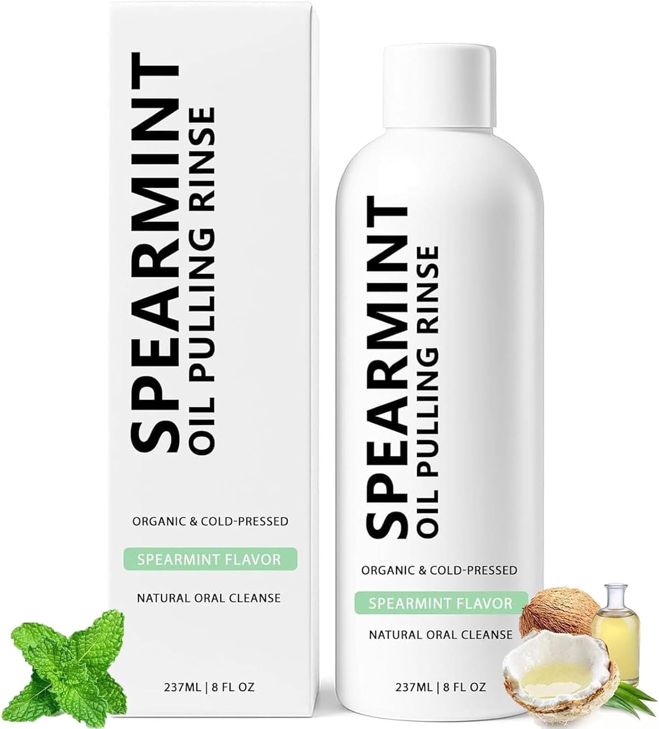 Spearmint Oil Pulling Mouthwash bottle - 8oz with coconut oil label