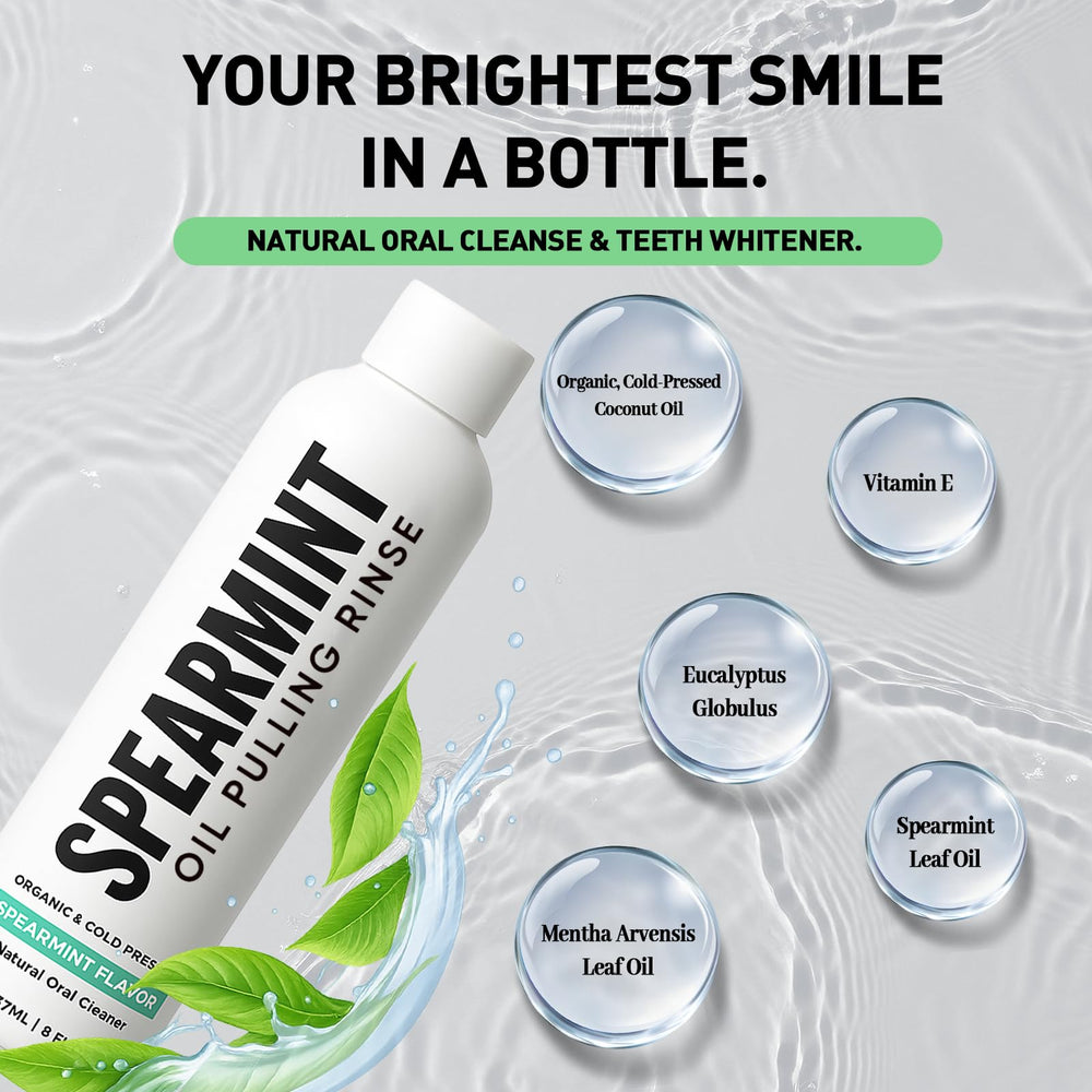 Close-up of Spearmint Oil Pulling Rinse bottle label