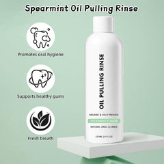 237 mL / 8 fl oz bottle of Spearmint Oil Pulling Rinse on a clean background