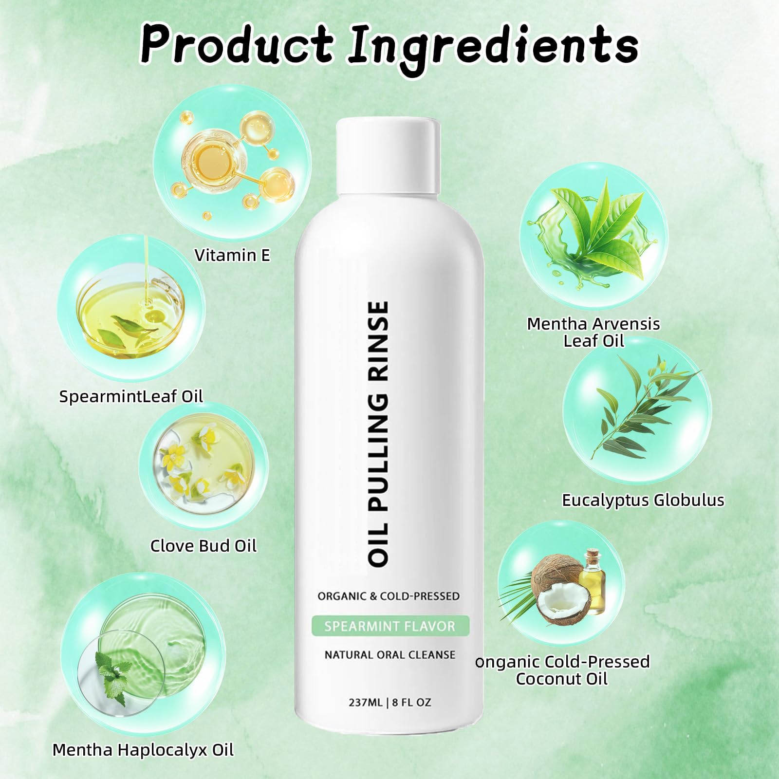 Mint leaves and bottle representing fresh breath for Spearmint Oil Pulling Rinse
