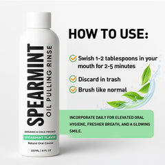 Product packaging and ingredient layout for Spearmint Oil Pulling Rinse