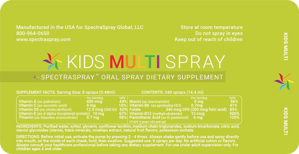 Close-up of Spectraspray showing 10 essential vitamins, D3 500IU and B12 active form
