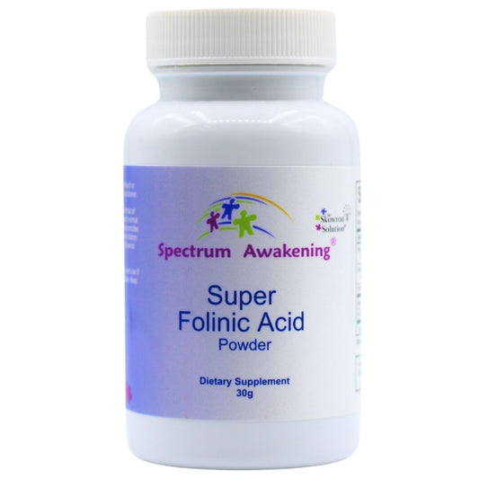 Front view of Spectrum Awakening Super Folinic Acid Powder for Kids in a 30g jar