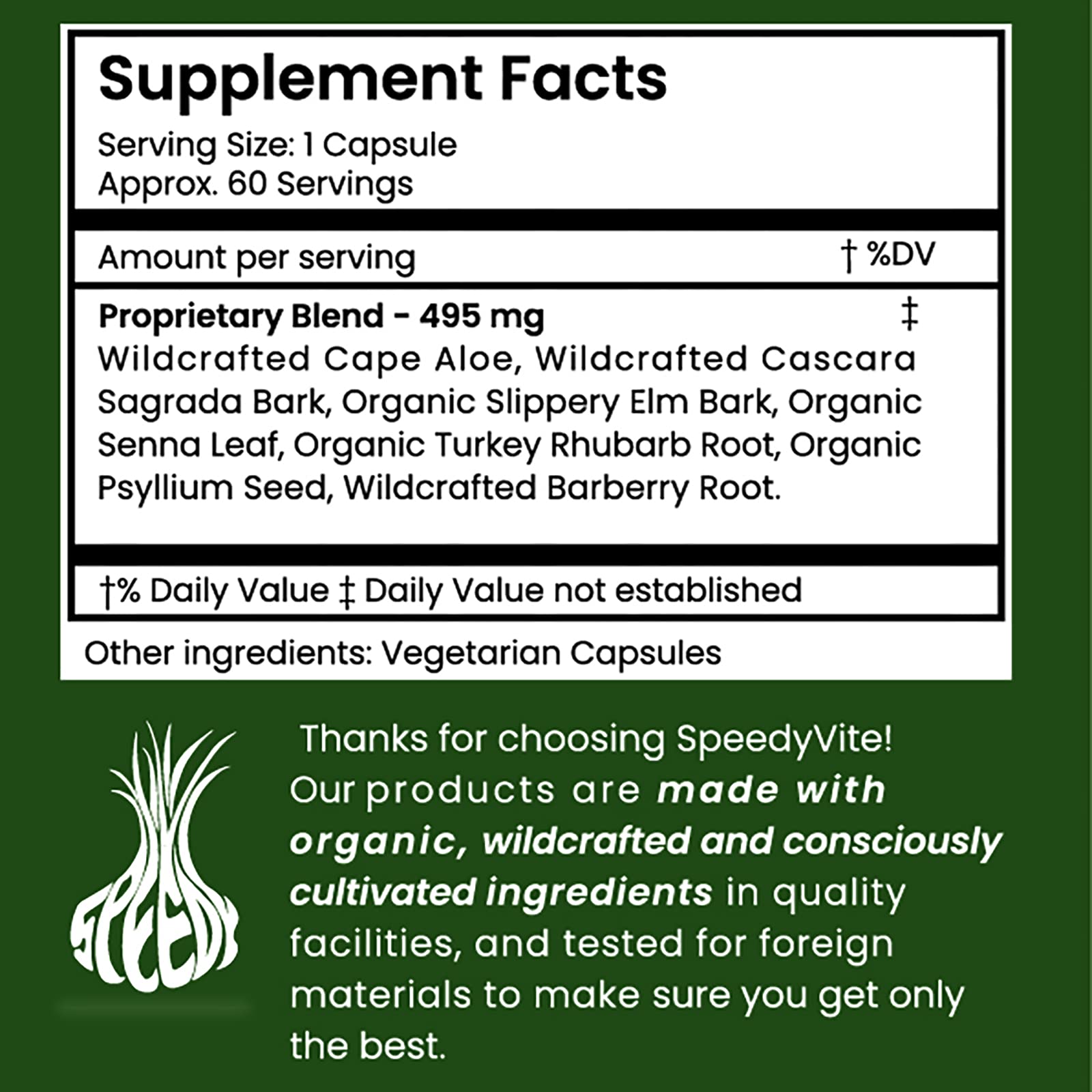 Front view of SpeedyVite Happy Colon bottle showing 60 vegan capsules