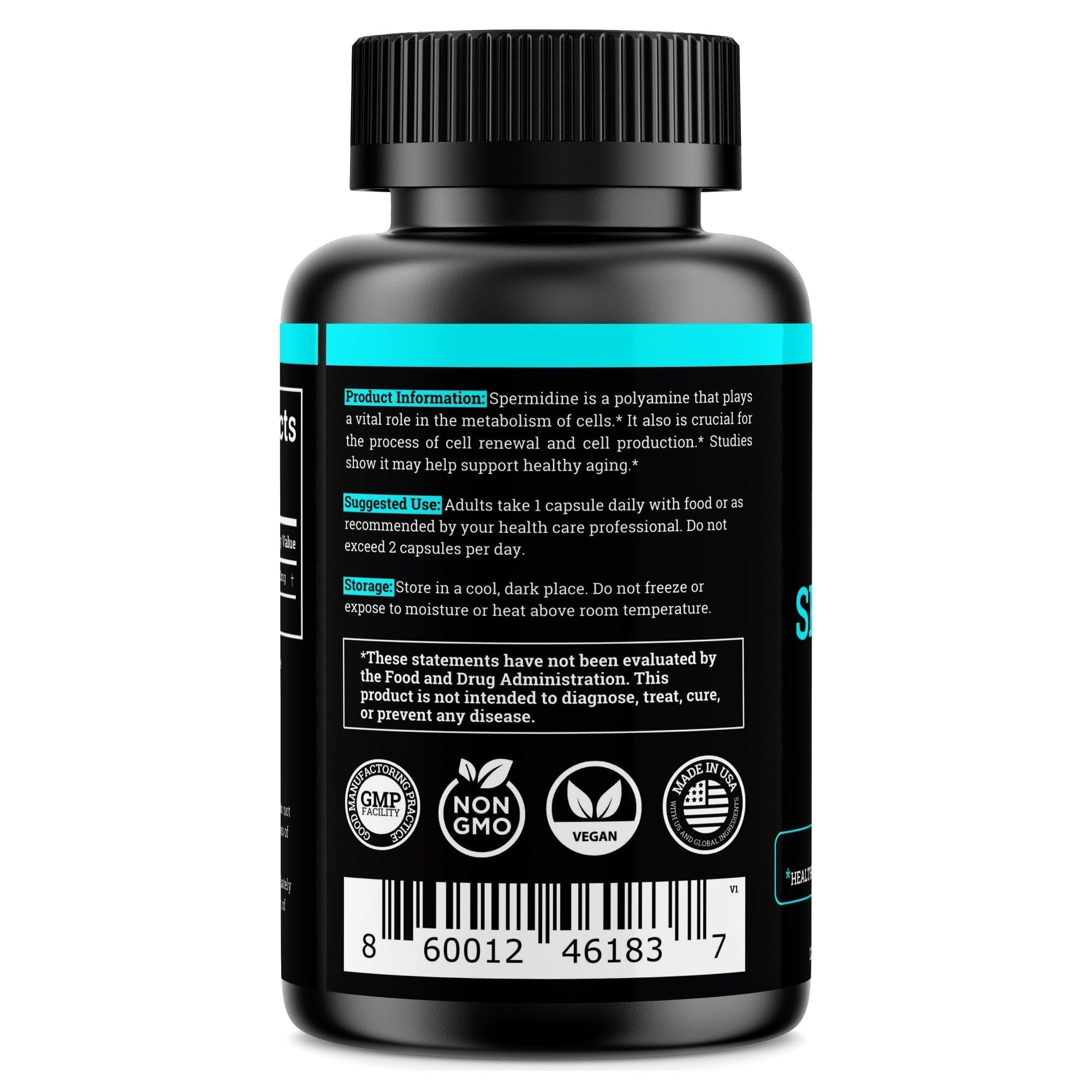 Back view of spermidine supplement bottle with label details