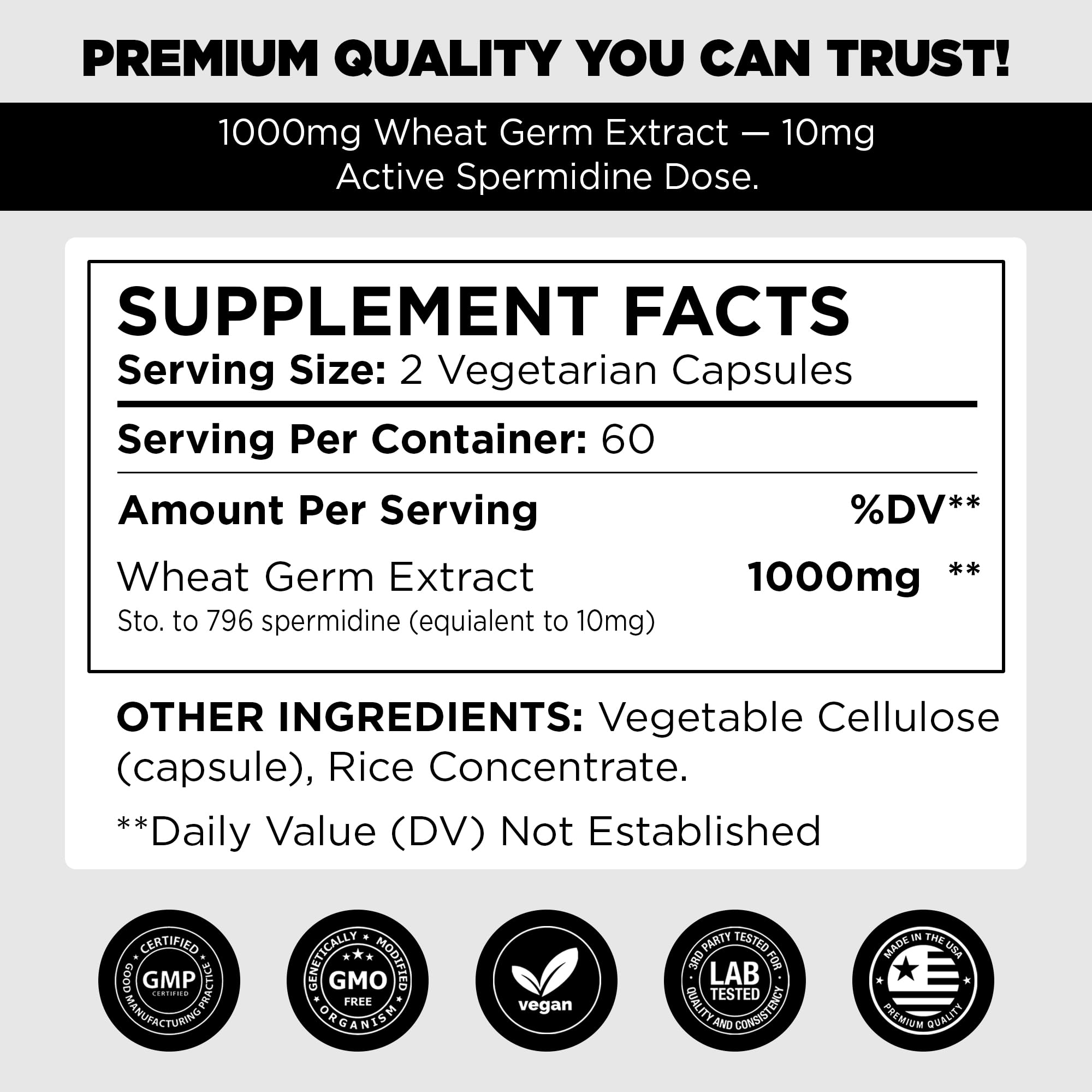 Close-up of product label highlighting 1000mg Wheat Germ Extract for Spermidine