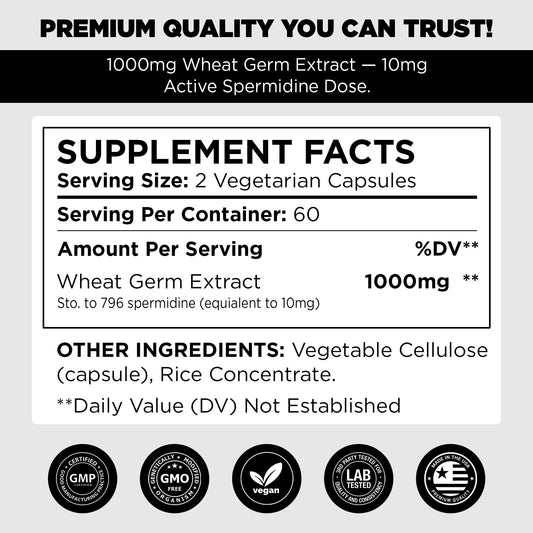 Close-up of product label highlighting 1000mg Wheat Germ Extract for Spermidine