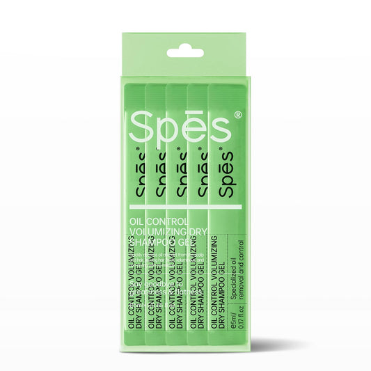 Spes Dry Shampoo Oil Control Gel bottle applying for quick refresh and added volume.