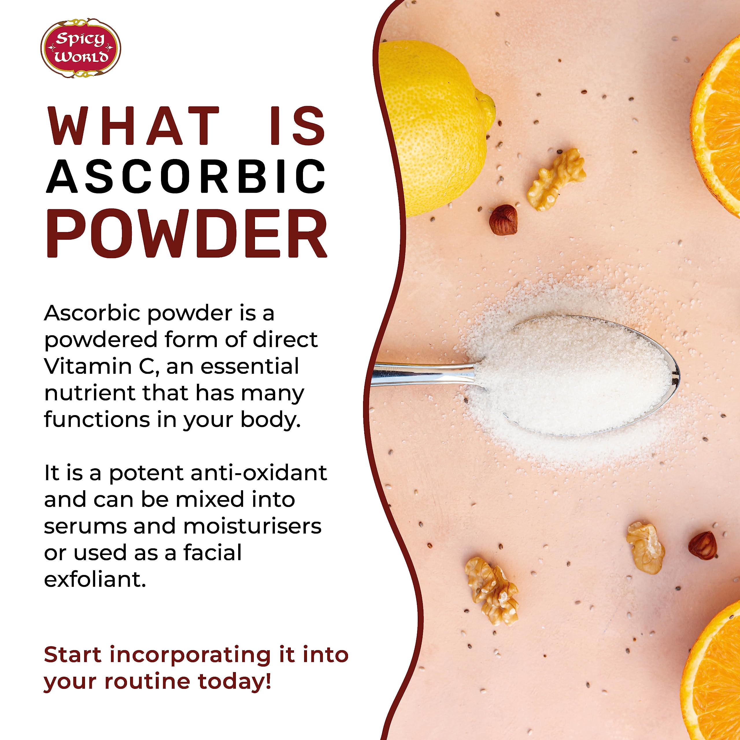 Scooping ascorbic acid powder with measuring scoop