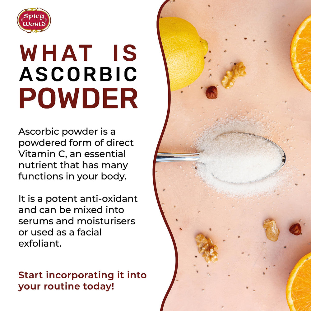 Scooping ascorbic acid powder with measuring scoop