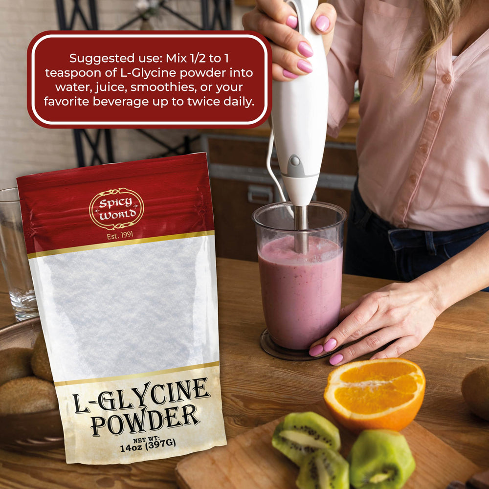 Back nutrition label on Spicy World L-Glycine Powder 14oz