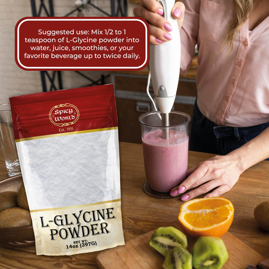 Back nutrition label on Spicy World L-Glycine Powder 14oz