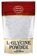Front view of Spicy World L-Glycine Powder 14oz in resealable bag