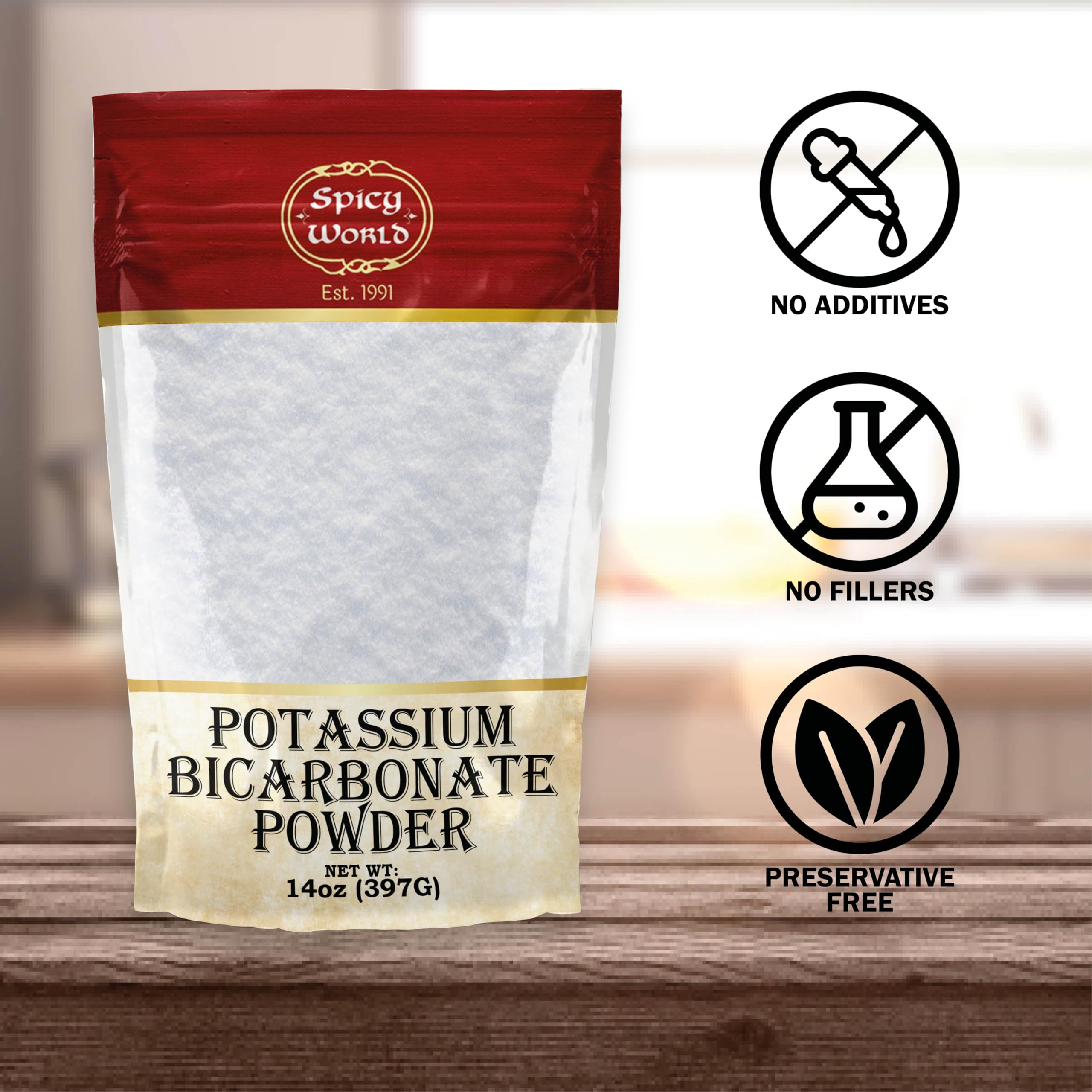 Label close-up on Spicy World Potassium Bicarbonate Powder 14oz