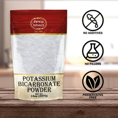 Label close-up on Spicy World Potassium Bicarbonate Powder 14oz