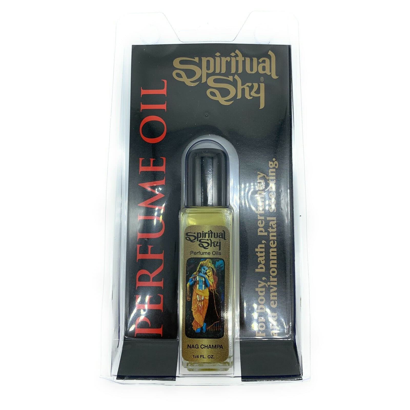 Spiritual Sky Nag Champa perfume oil bottle on wooden background