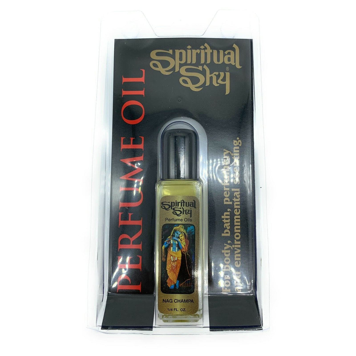Spiritual Sky Nag Champa perfume oil bottle on wooden background