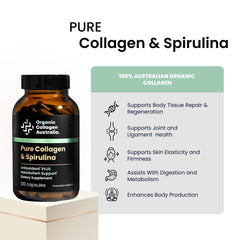 Close-up of spirulina and collagen capsules