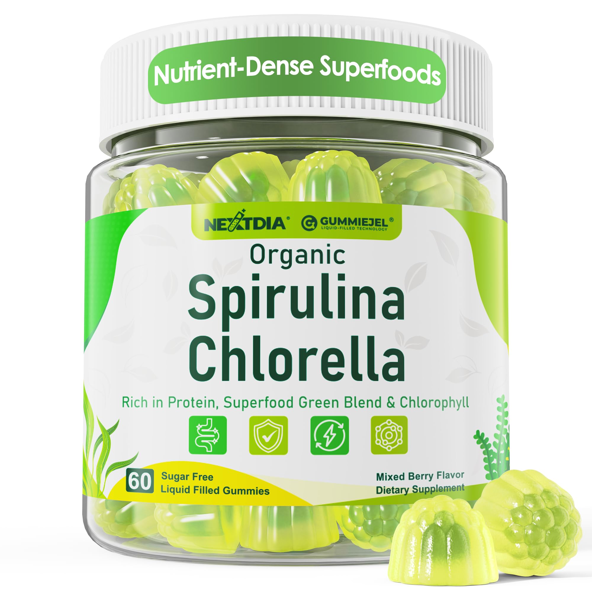 Bottle of Nextdia Spirulina Chlorella Gummies – front view
