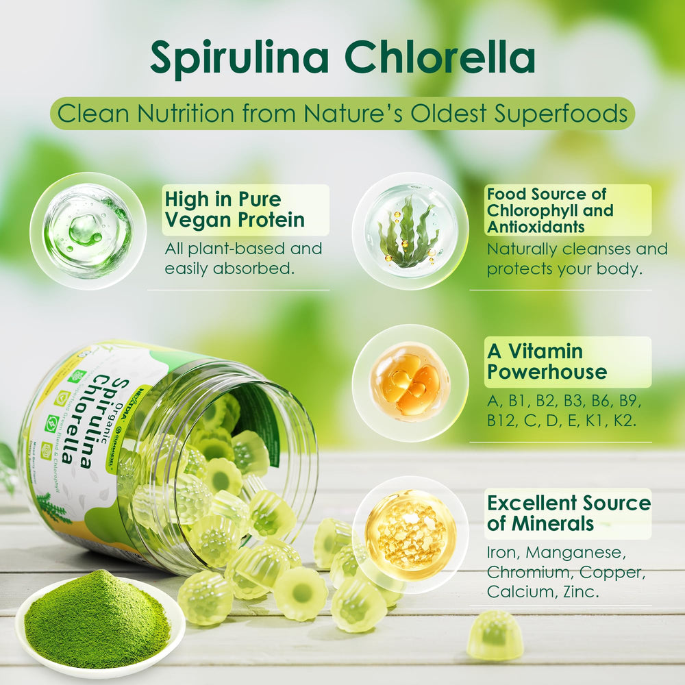 Gummies with spirulina and chlorella ingredients illustration