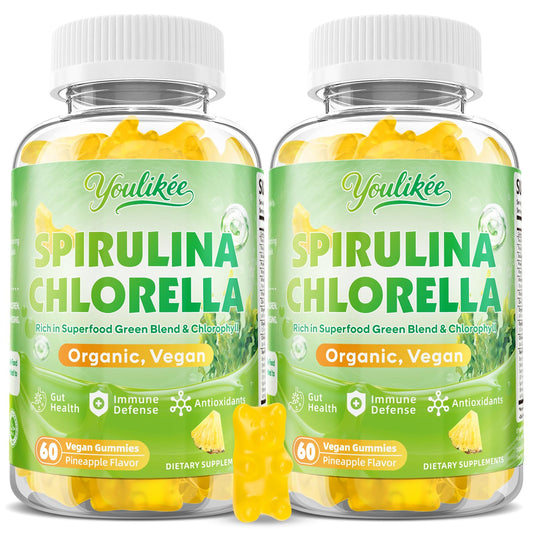 Pineapple-flavored spirulina and chlorella gummies in a bottle