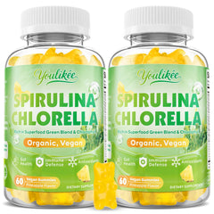 Pineapple-flavored spirulina and chlorella gummies in a bottle