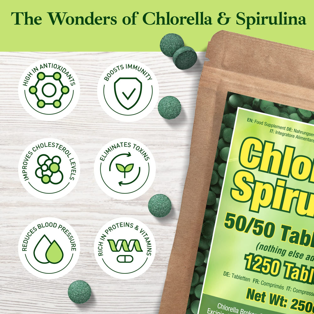Close-up of spirulina and chlorella tablets