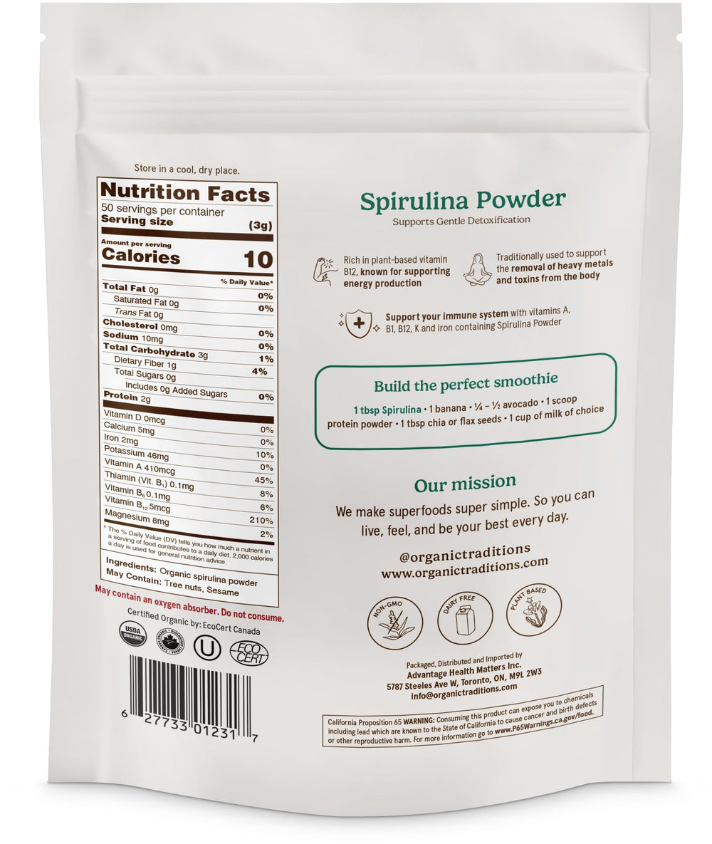 Ingredients and organic certification on spirulina powder bag