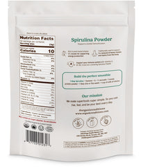Ingredients and organic certification on spirulina powder bag