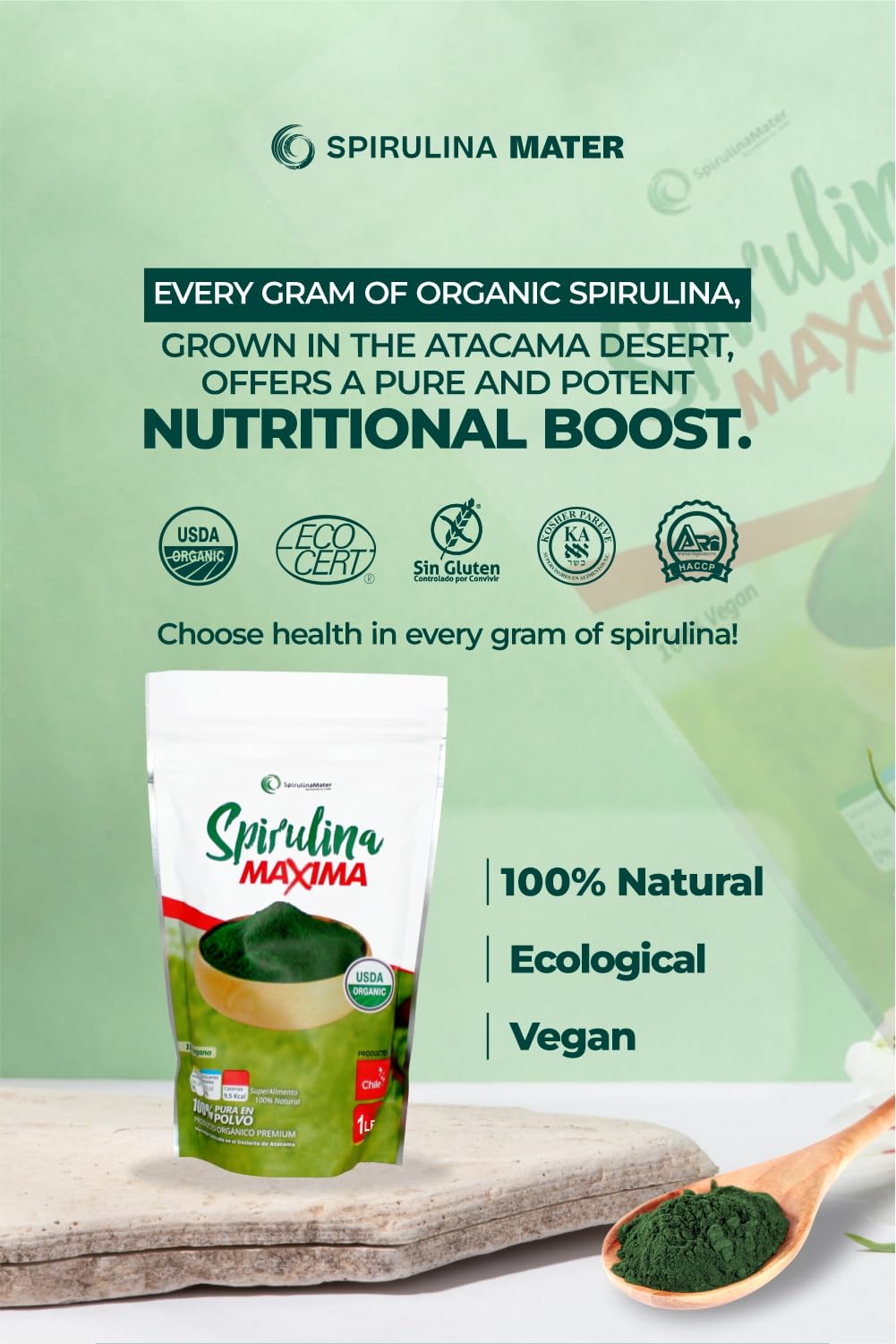 Spirulina powder being added to a glass of water