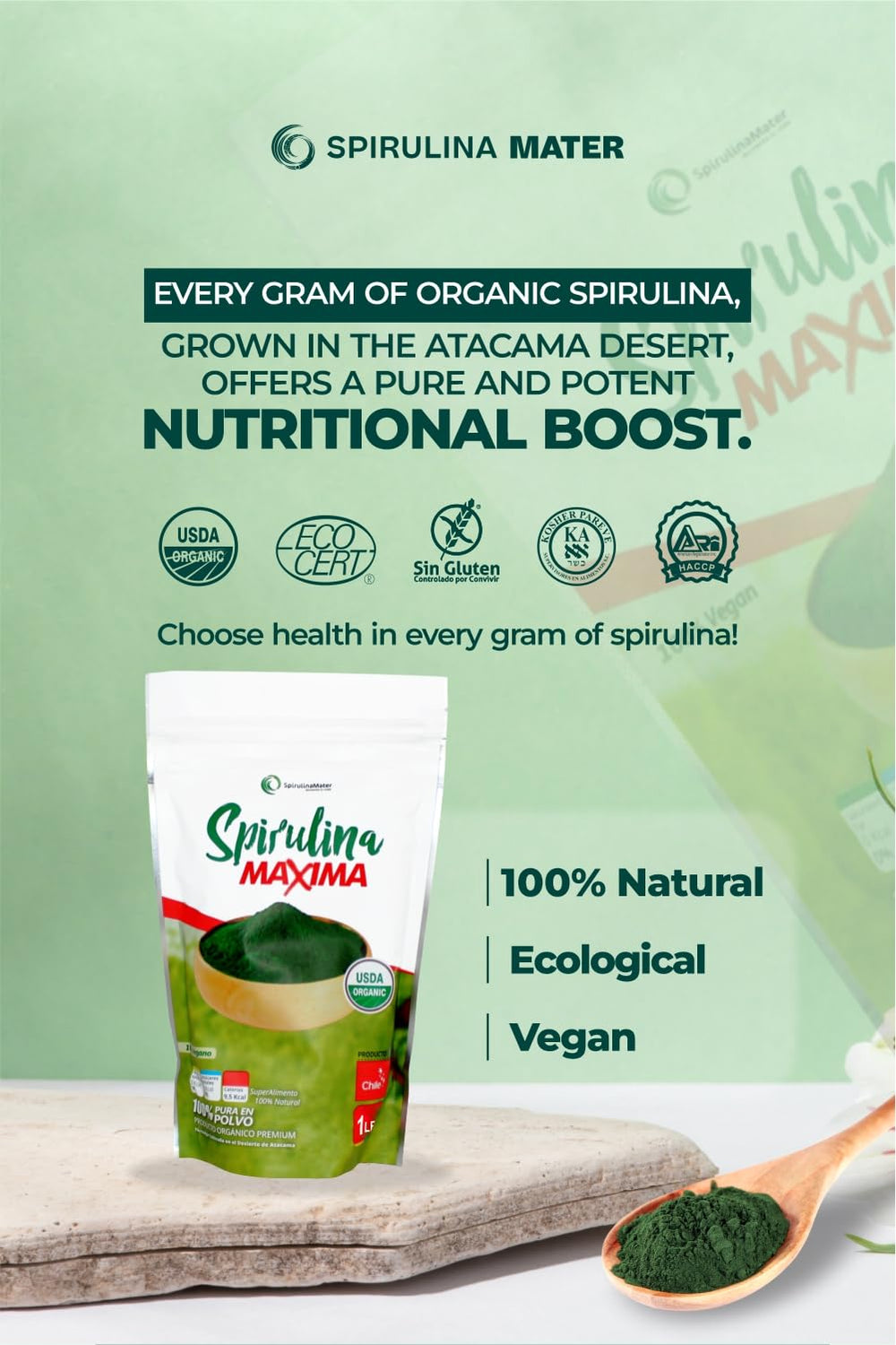 Spirulina powder being added to a glass of water