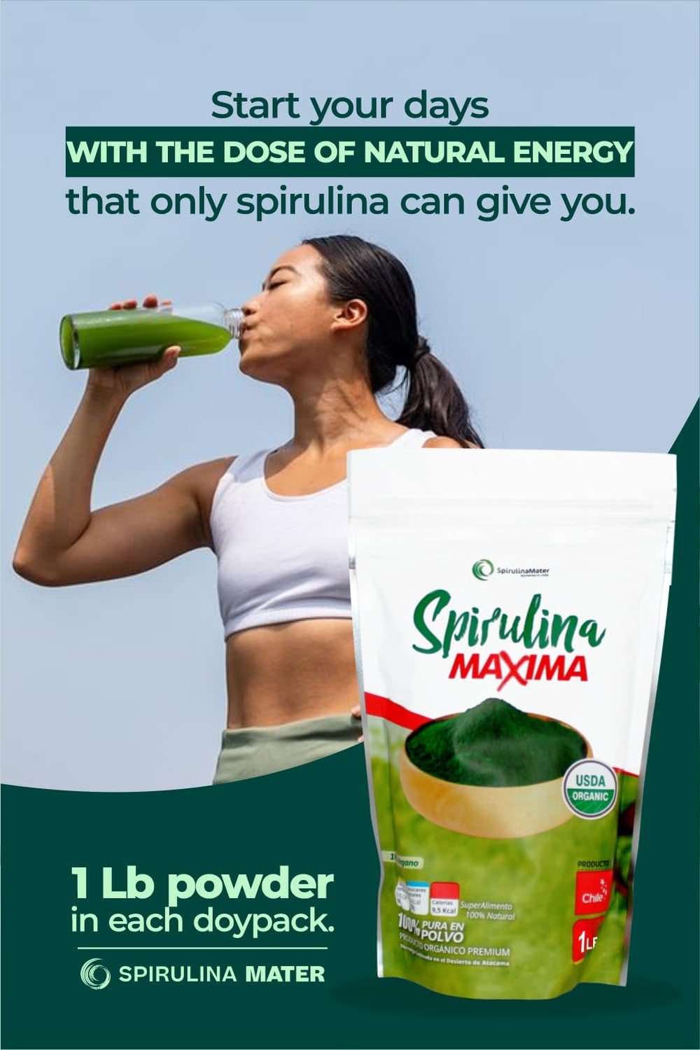 Nutrient-dense spirulina powder on a spoon