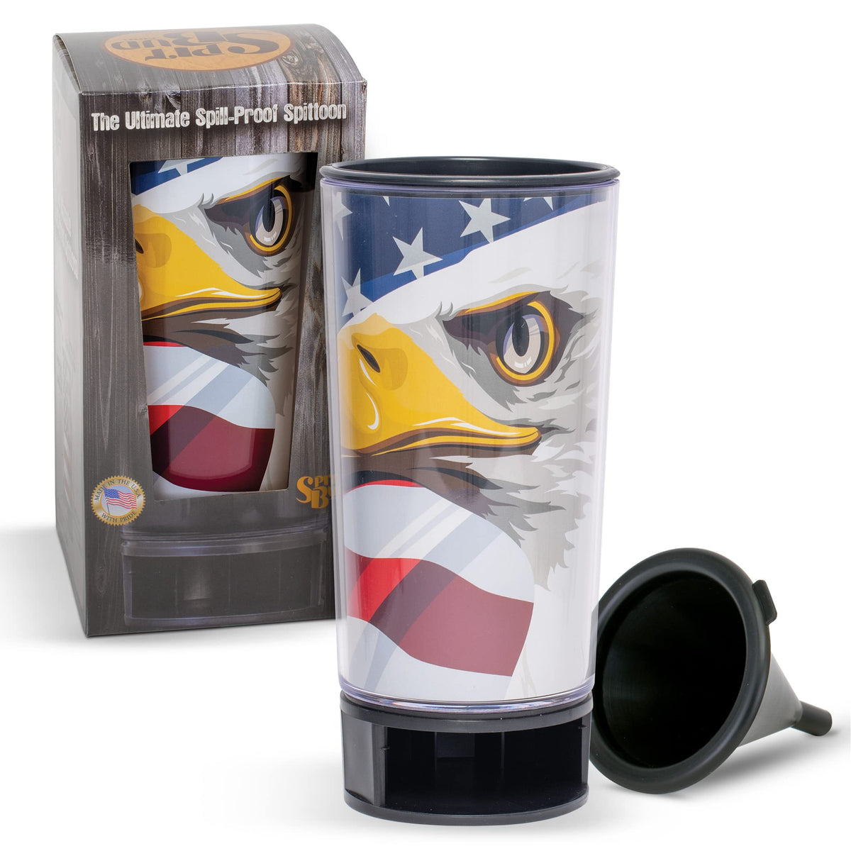 Spit Bud American Eagle spittoon cup with lid and funnel