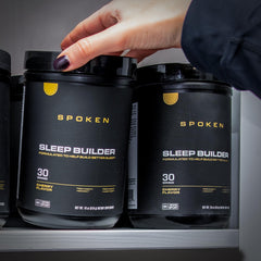 Close-up of Sleep Builder ingredients list including L-theanine, magnesium, inositol, glycine, glutamine