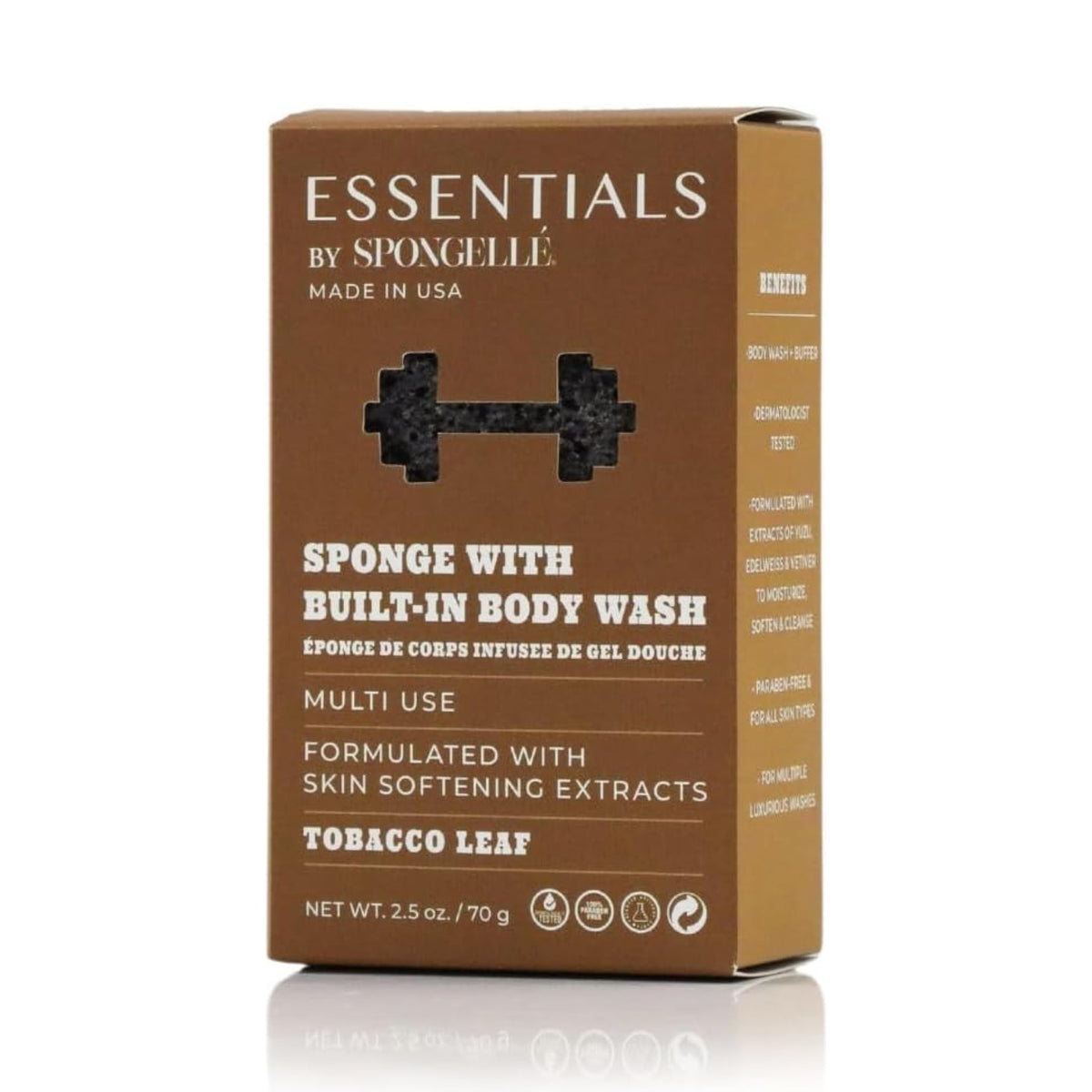 SPONGELLÉ Men’s Tobacco Leaf Buffer lathering action for cleansing and exfoliation.