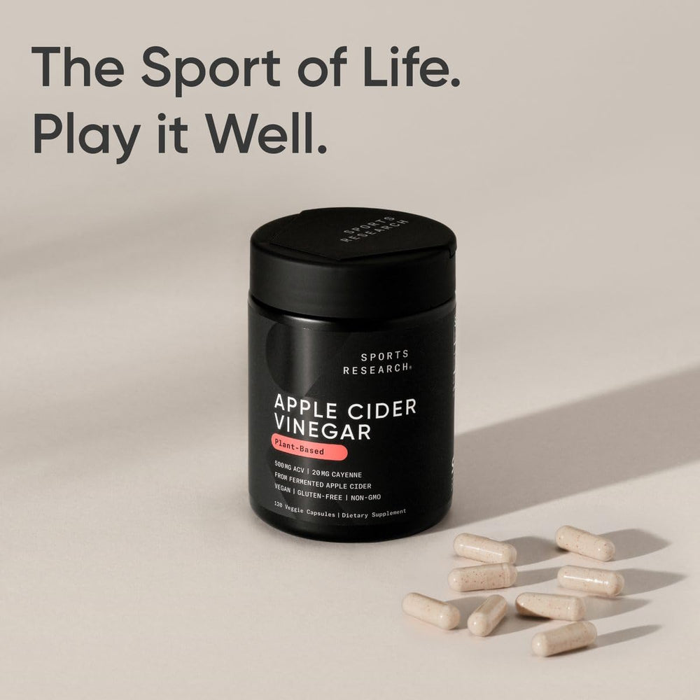 Sports Research open bottle with scattered capsules, visual of full supplement count