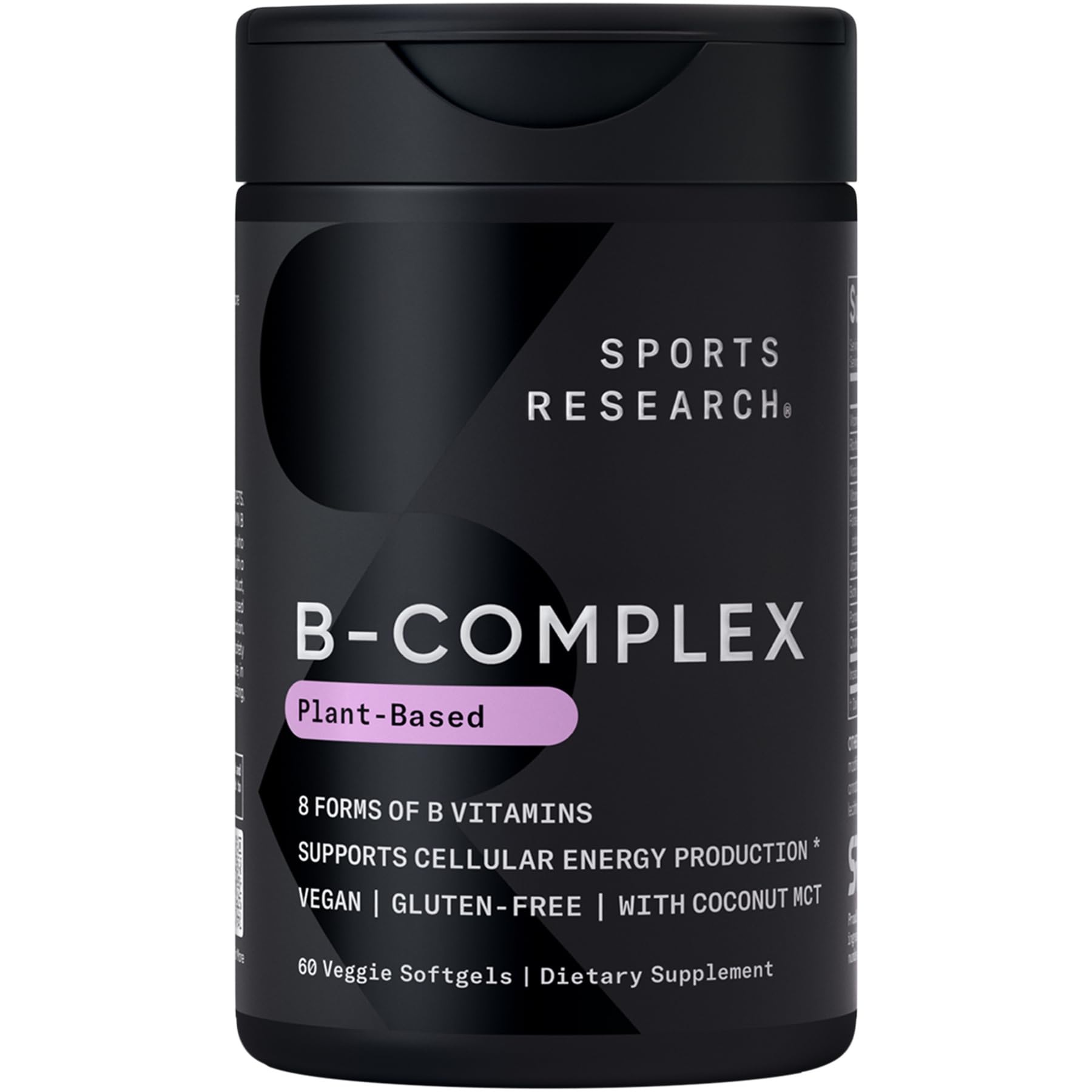 Front label of Sports Research Vitamin B-Complex Full Spectrum 60 veggie softgels bottle.