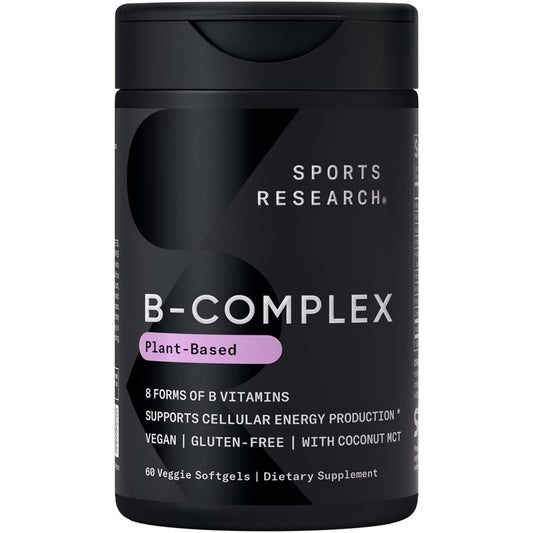 Front label of Sports Research Vitamin B-Complex Full Spectrum 60 veggie softgels bottle.