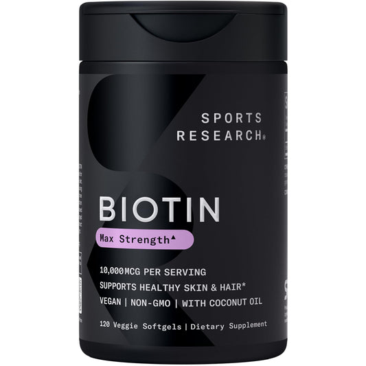 Bottle of Sports Research Biotin 10,000mcg with Organic Coconut Oil