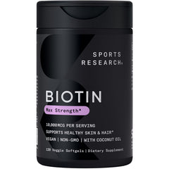 Bottle of Sports Research Biotin 10,000mcg with Organic Coconut Oil