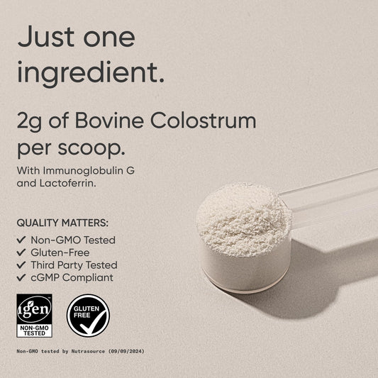 Close-up of colostrum powder in a cup with a spoon