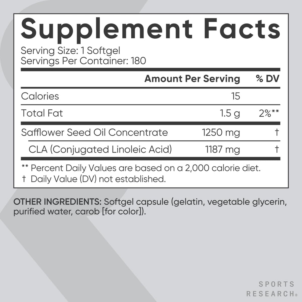 Nutrition facts panel of CLA container