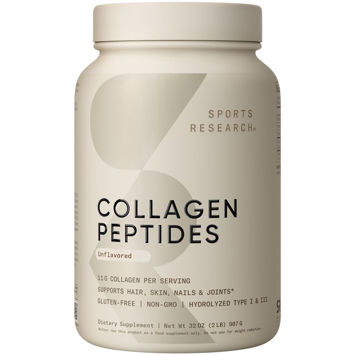 Sports Research Collagen Peptides bottle shown for daily beauty and joint support potential.