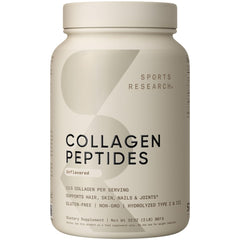 Sports Research Collagen Peptides bottle shown for daily beauty and joint support potential.